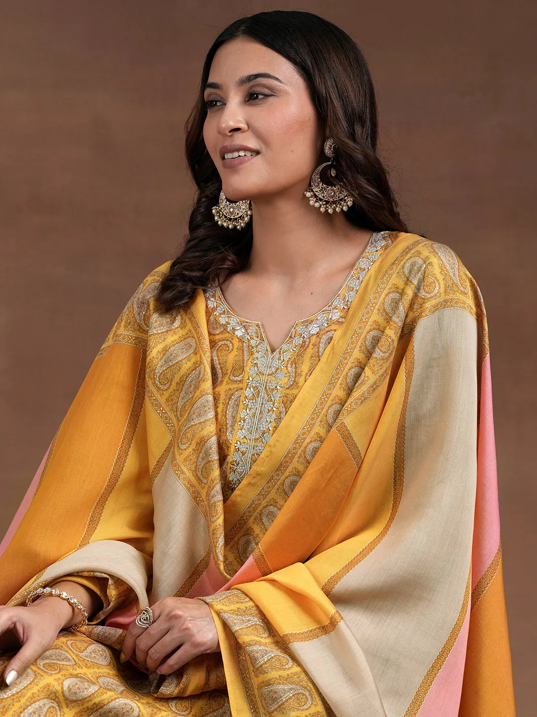Libas Mustard Printed Silk Blend Straight Suit With Dupatta