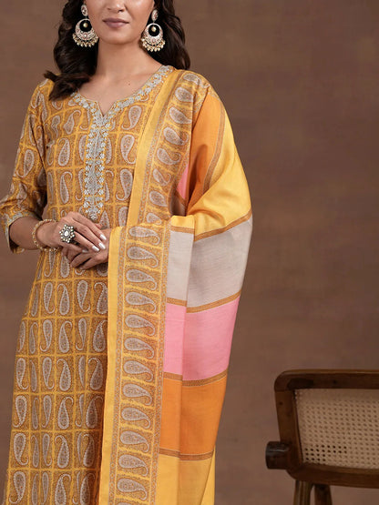 Libas Mustard Printed Silk Blend Straight Suit With Dupatta