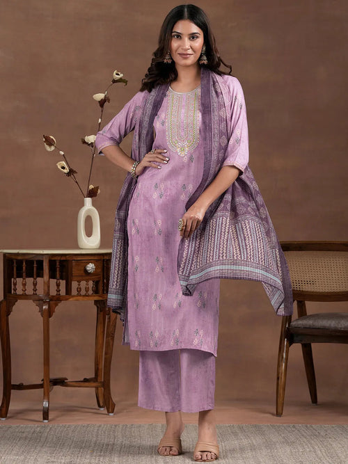Libas Lavender Printed Silk Blend Straight Suit With Dupatta