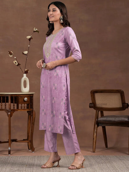Libas Lavender Printed Silk Blend Straight Suit With Dupatta