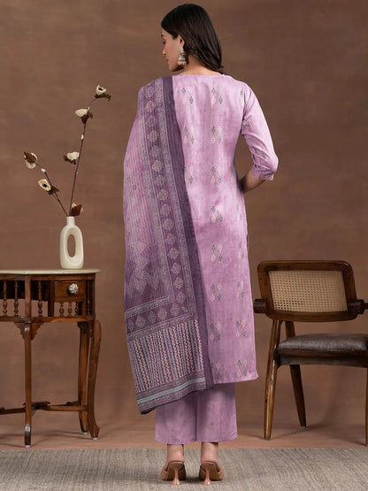 Libas Lavender Printed Silk Blend Straight Suit With Dupatta