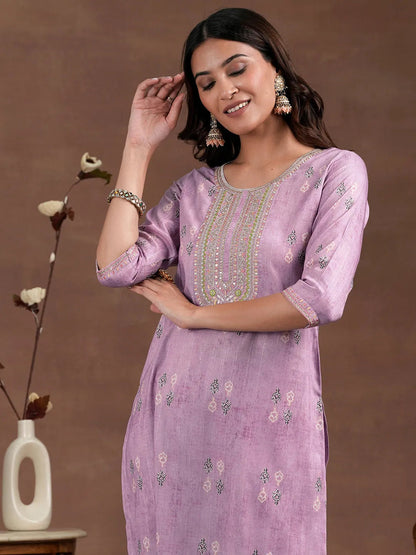 Libas Lavender Printed Silk Blend Straight Suit With Dupatta