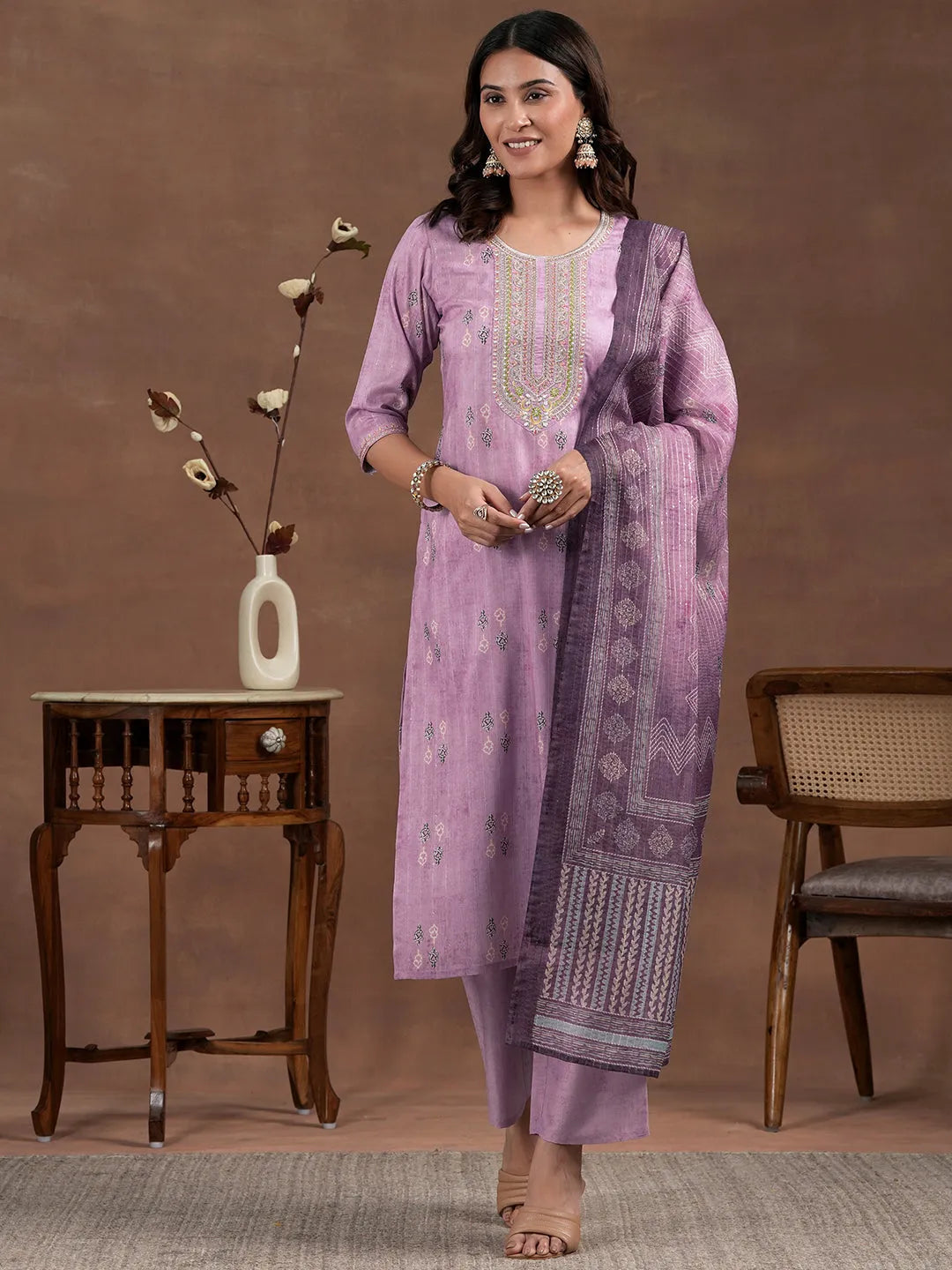 Libas Lavender Printed Silk Blend Straight Suit With Dupatta