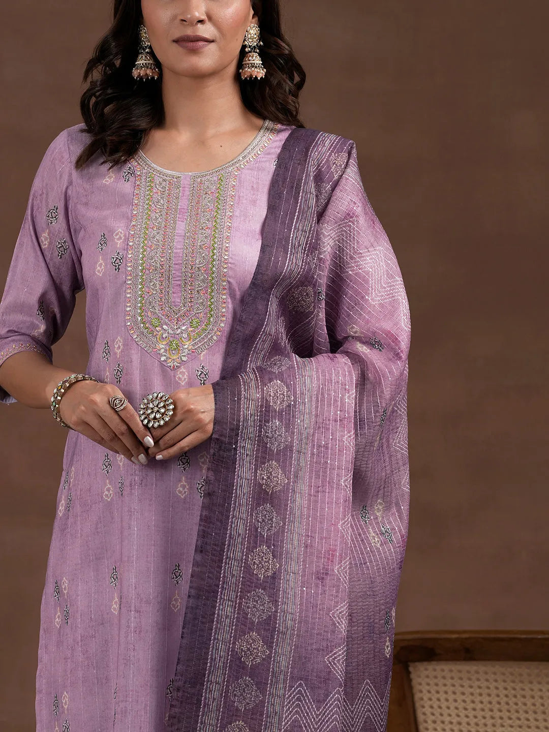 Libas Lavender Printed Silk Blend Straight Suit With Dupatta