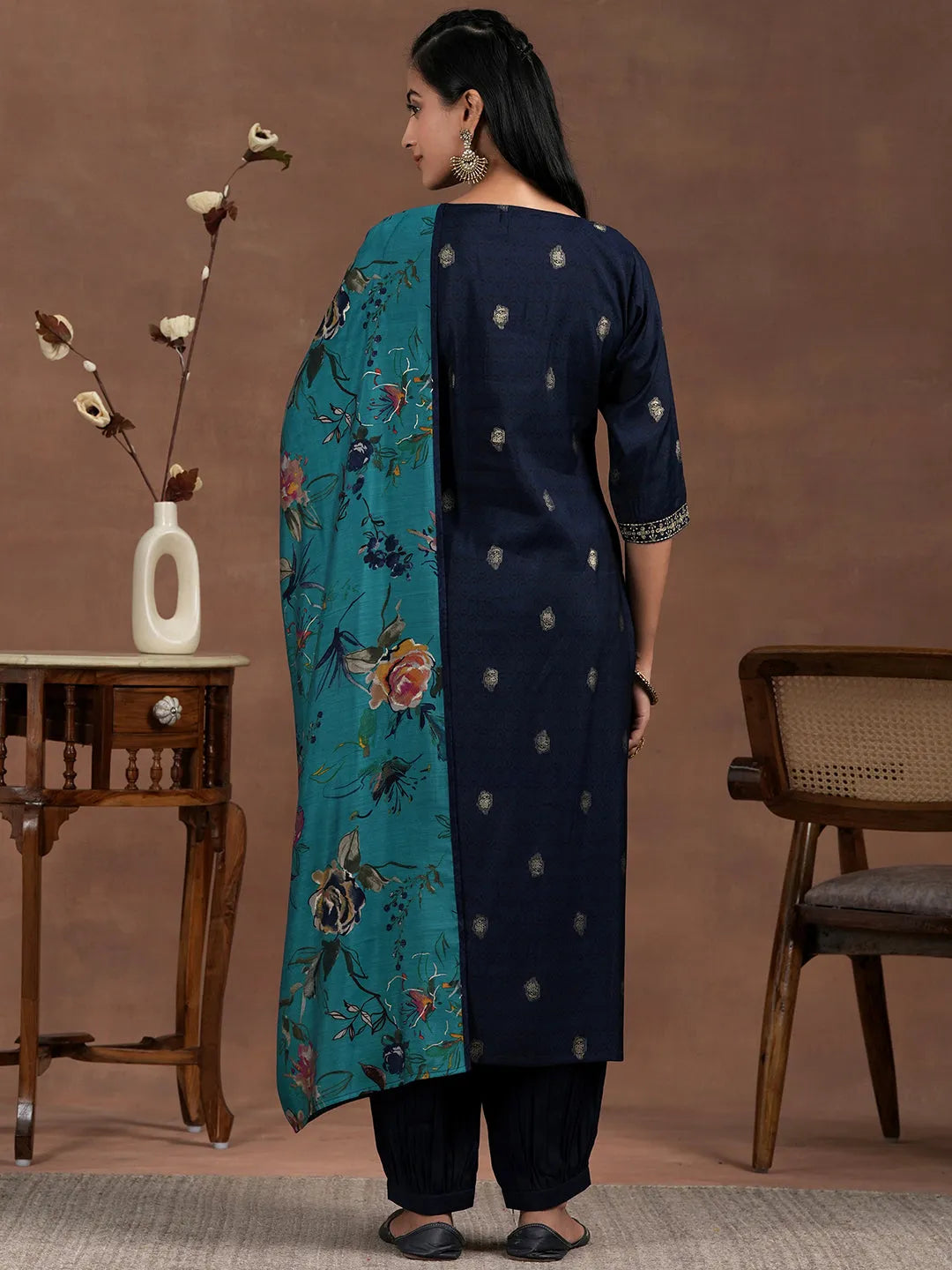 Libas Blue Printed Silk Blend Straight Suit With Dupatta