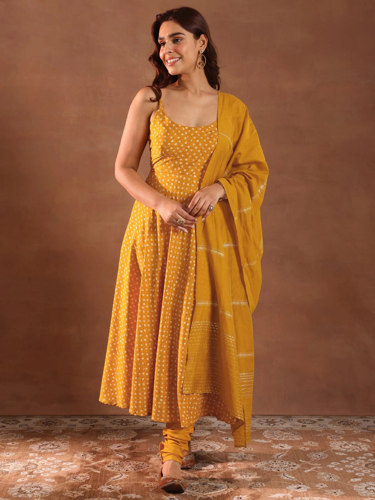 Libas Mustard Printed Rayon Anarkali Suit With Dupatta