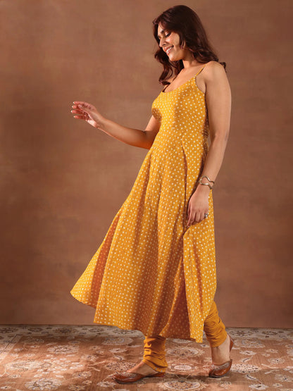 Libas Mustard Printed Rayon Anarkali Suit With Dupatta