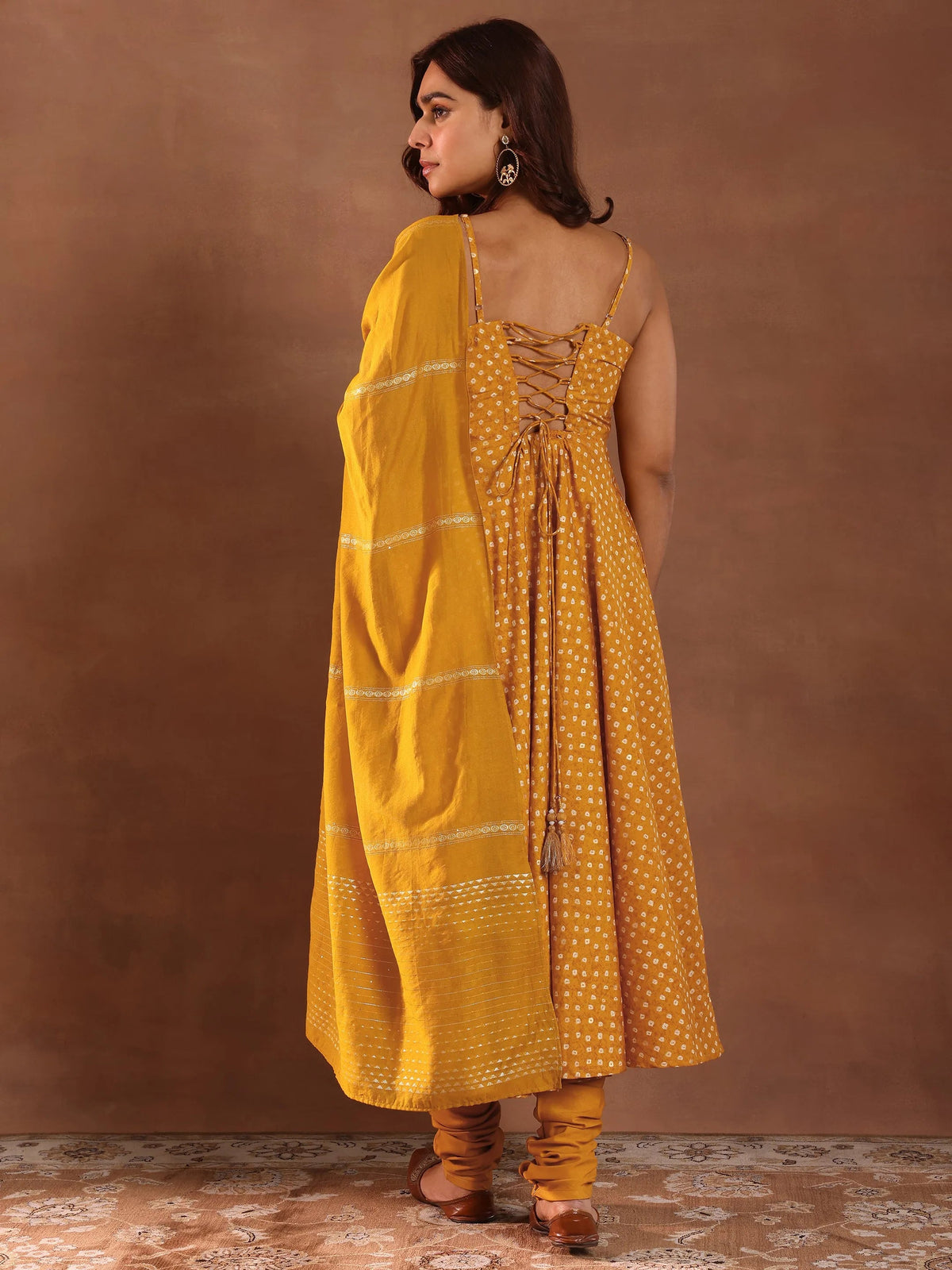 Libas Mustard Printed Rayon Anarkali Suit With Dupatta