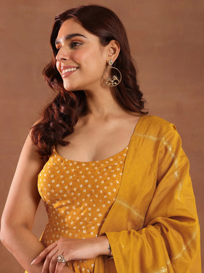 Libas Mustard Printed Rayon Anarkali Suit With Dupatta