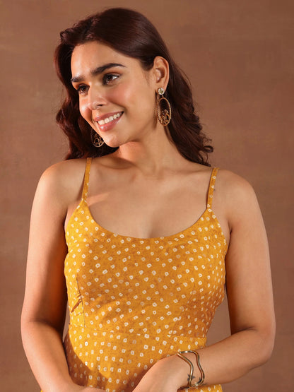 Libas Mustard Printed Rayon Anarkali Suit With Dupatta