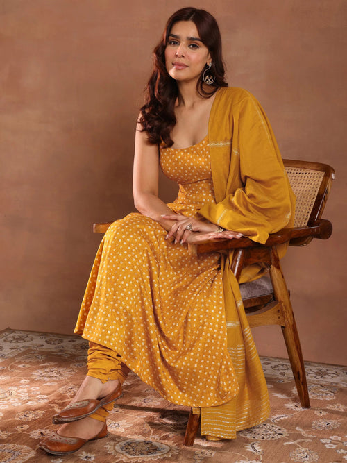 Libas Mustard Printed Rayon Anarkali Suit With Dupatta