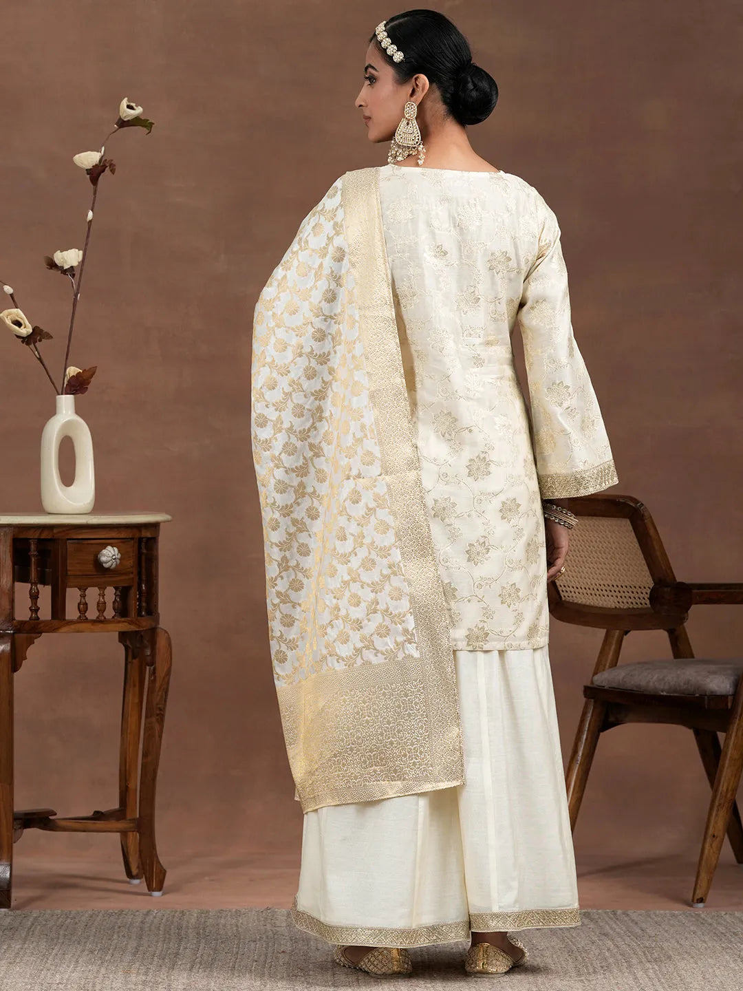 Libas Off White Woven Design Chanderi Silk Straight Suit With Dupatta