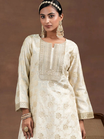 Libas Off White Woven Design Chanderi Silk Straight Suit With Dupatta