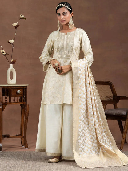 Libas Off White Woven Design Chanderi Silk Straight Suit With Dupatta