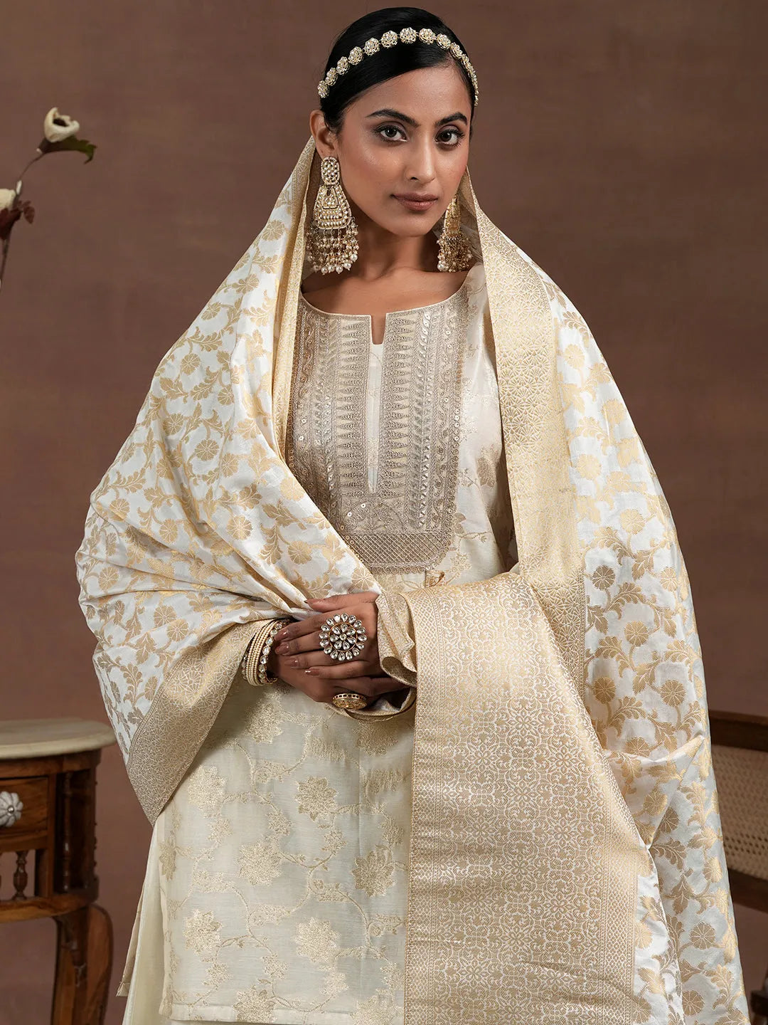 Libas Off White Woven Design Chanderi Silk Straight Suit With Dupatta