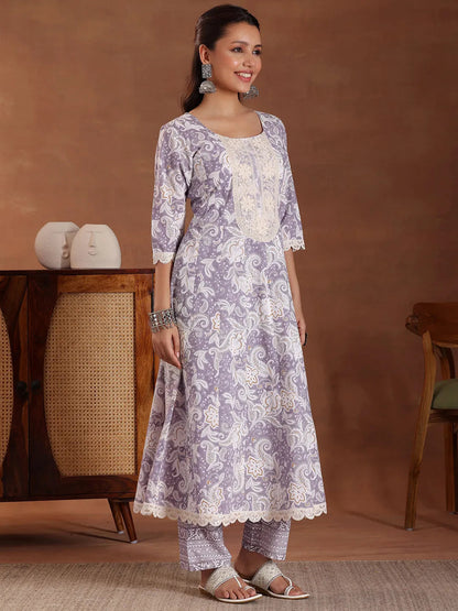Libas Mauve Printed Cotton Anarkali Suit With Dupatta