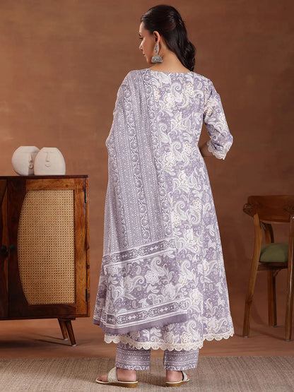 Libas Mauve Printed Cotton Anarkali Suit With Dupatta