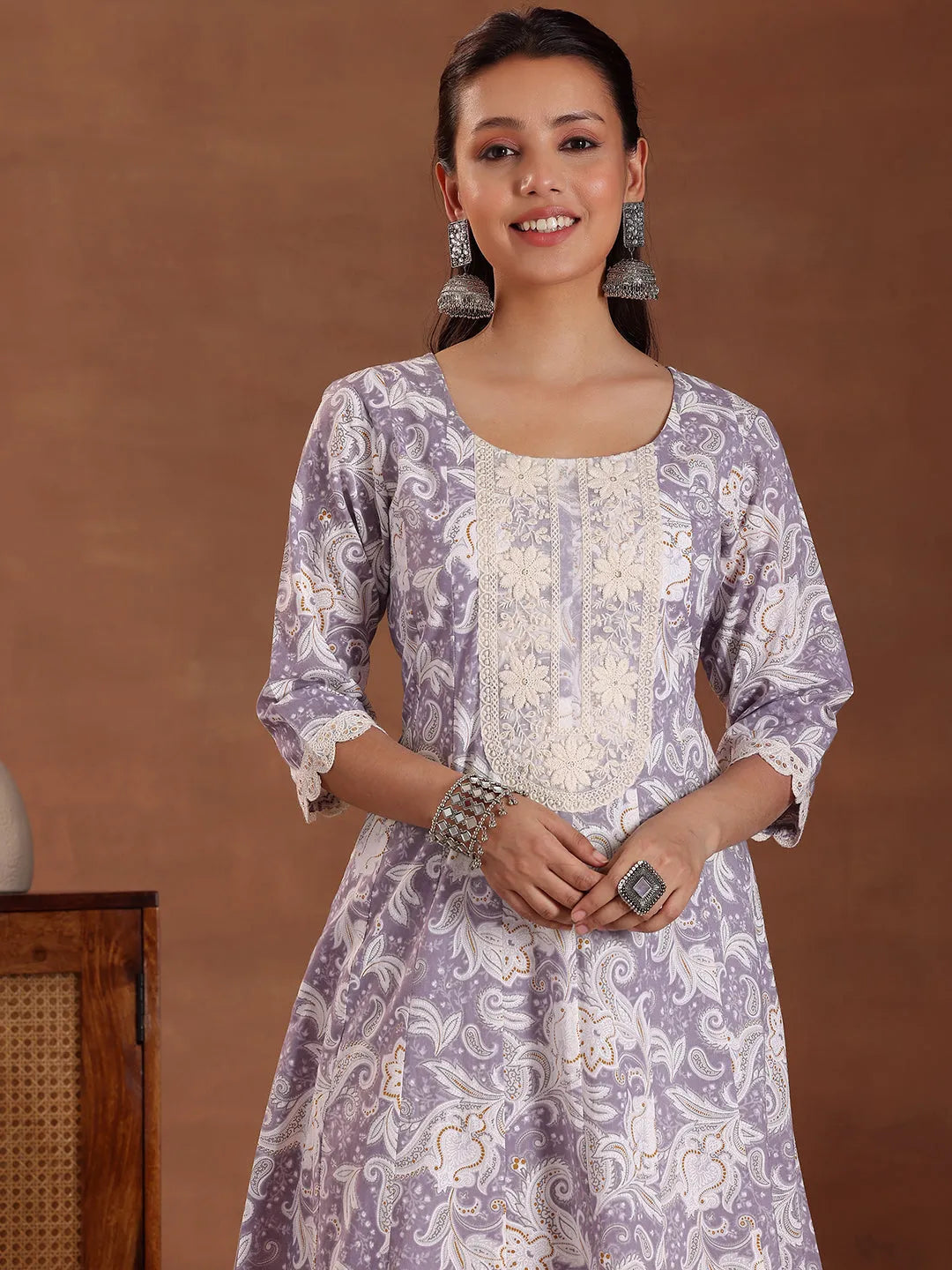 Libas Mauve Printed Cotton Anarkali Suit With Dupatta