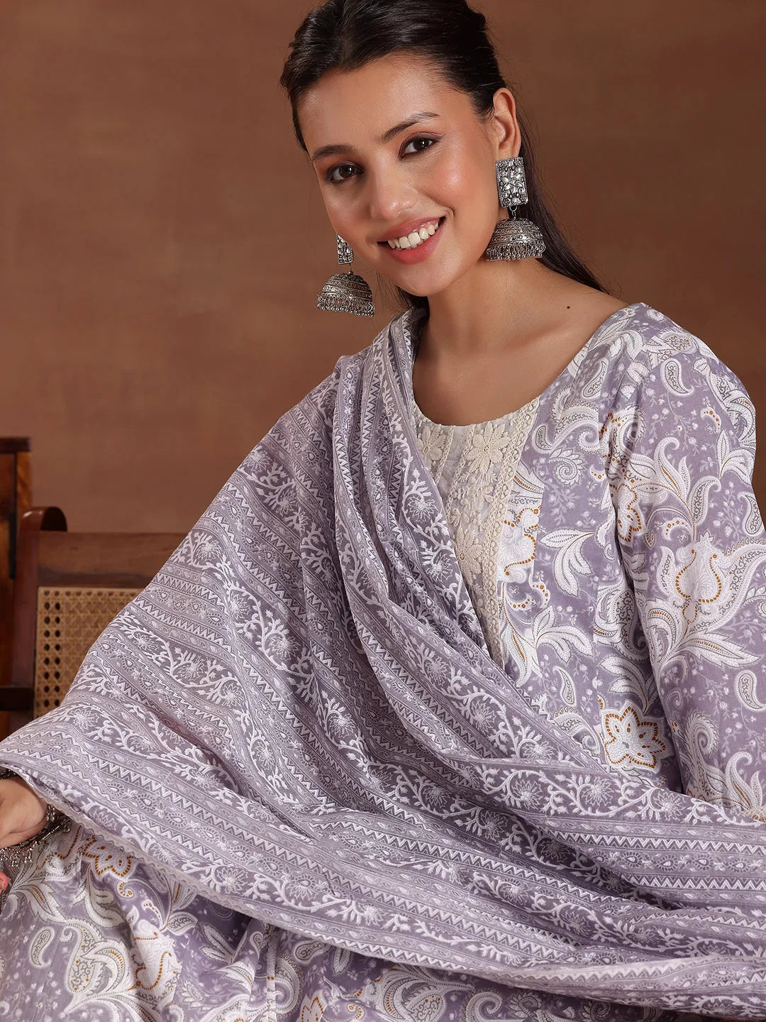 Libas Mauve Printed Cotton Anarkali Suit With Dupatta