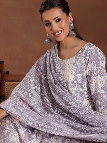 Libas Mauve Printed Cotton Anarkali Suit With Dupatta