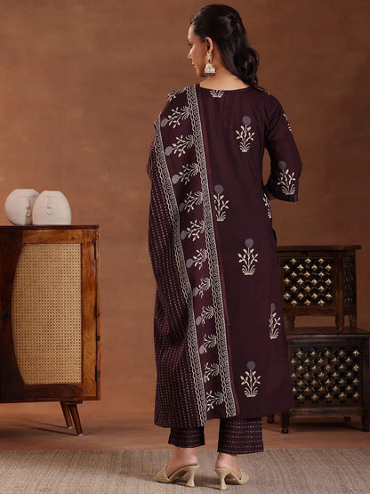 Libas Brown Printed Cotton Straight Suit With Dupatta