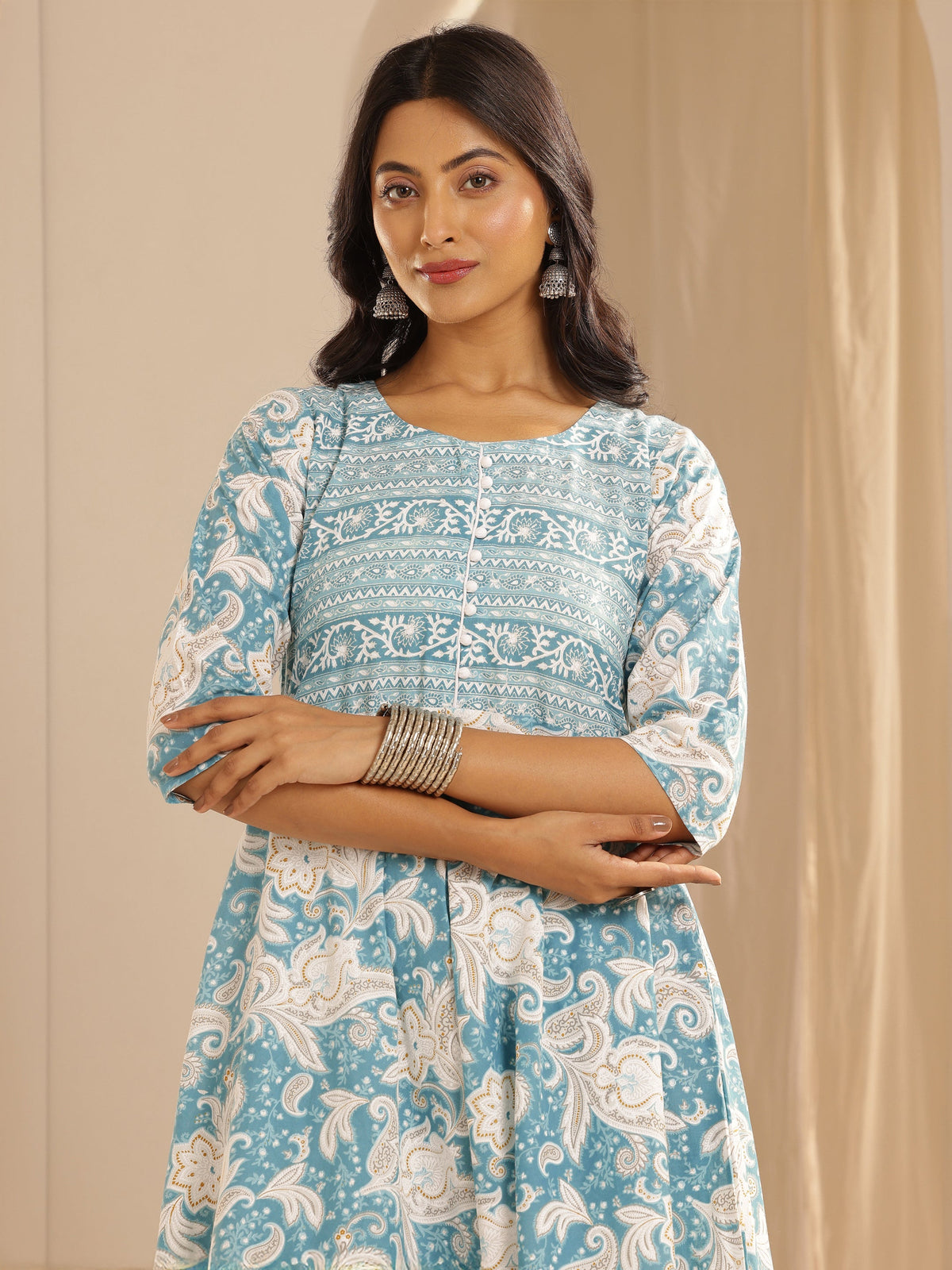 Libas Blue Printed Cotton Anarkali Suit With Dupatta