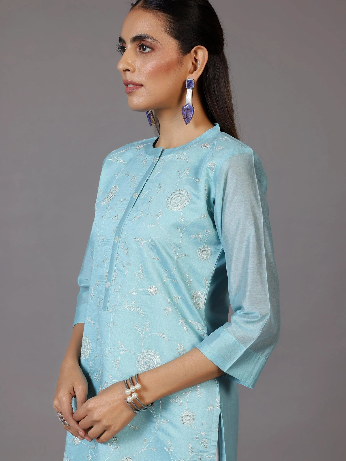 Libas Blue Embroidered Chanderi Silk Straight Kurta