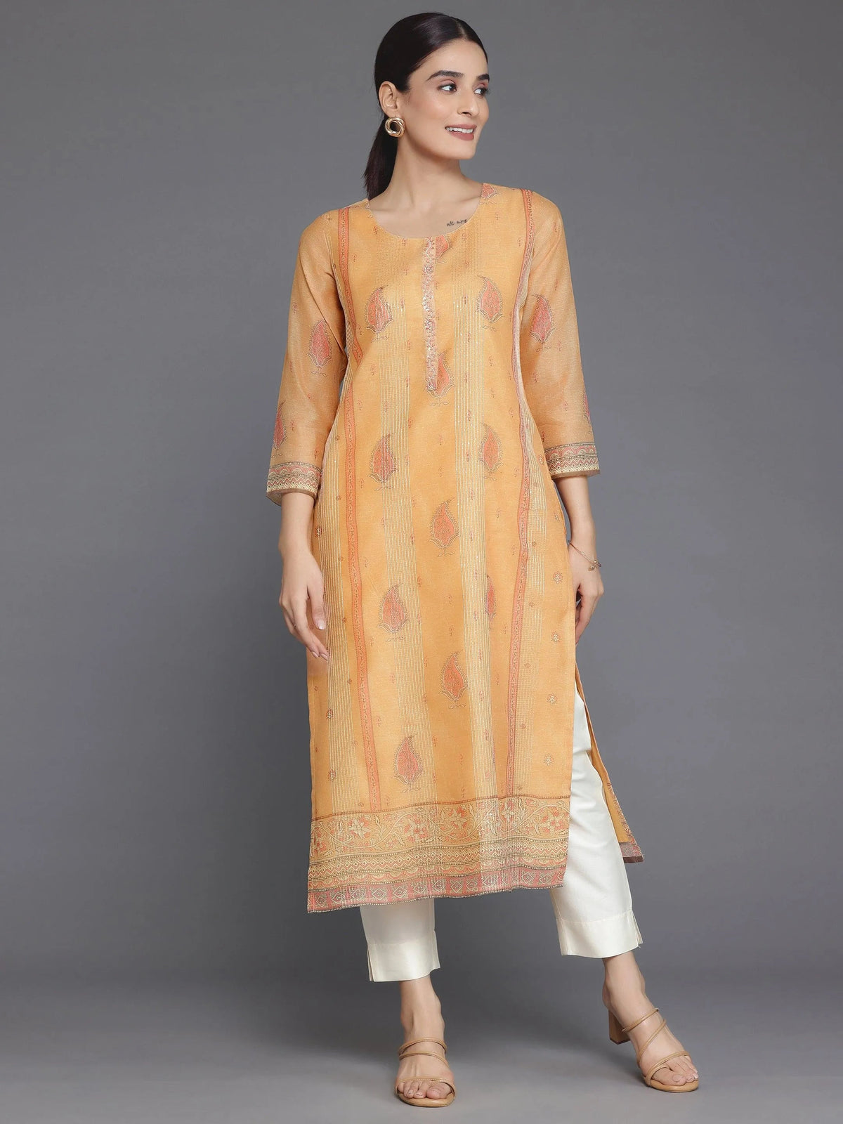 Libas Orange Embellished Chanderi Silk Straight Kurta