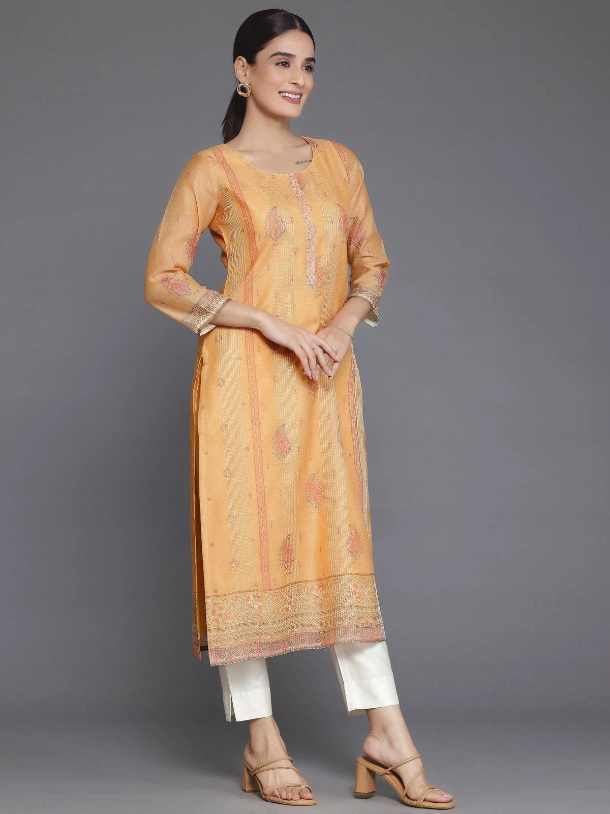 Libas Orange Embellished Chanderi Silk Straight Kurta