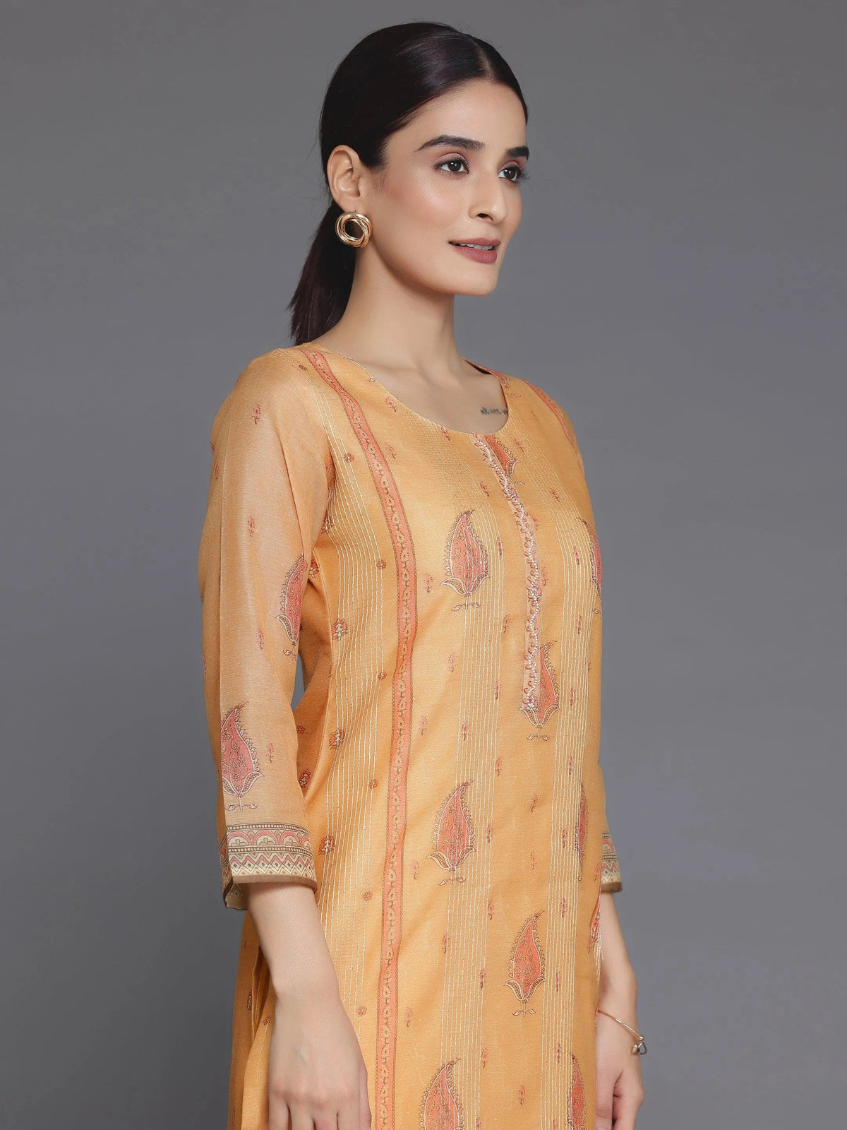 Libas Orange Embellished Chanderi Silk Straight Kurta