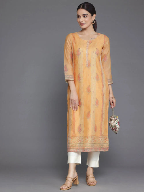 Libas Orange Embellished Chanderi Silk Straight Kurta