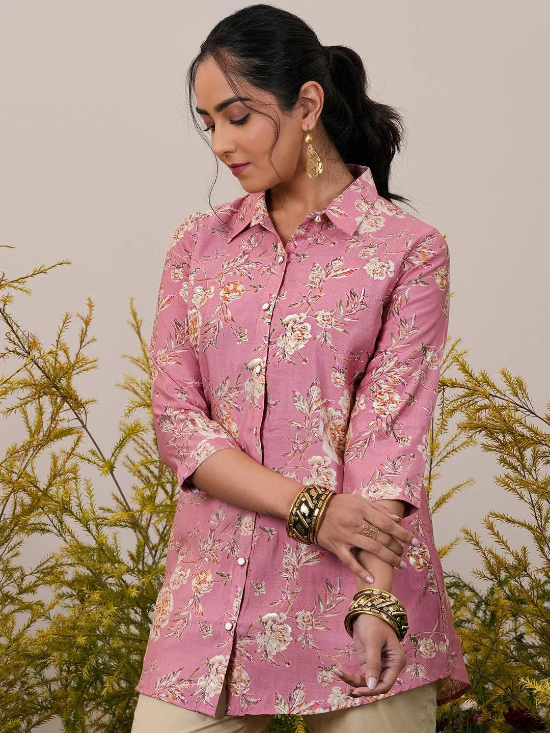 Libas Pink Printed Silk Blend A-Line Kurti