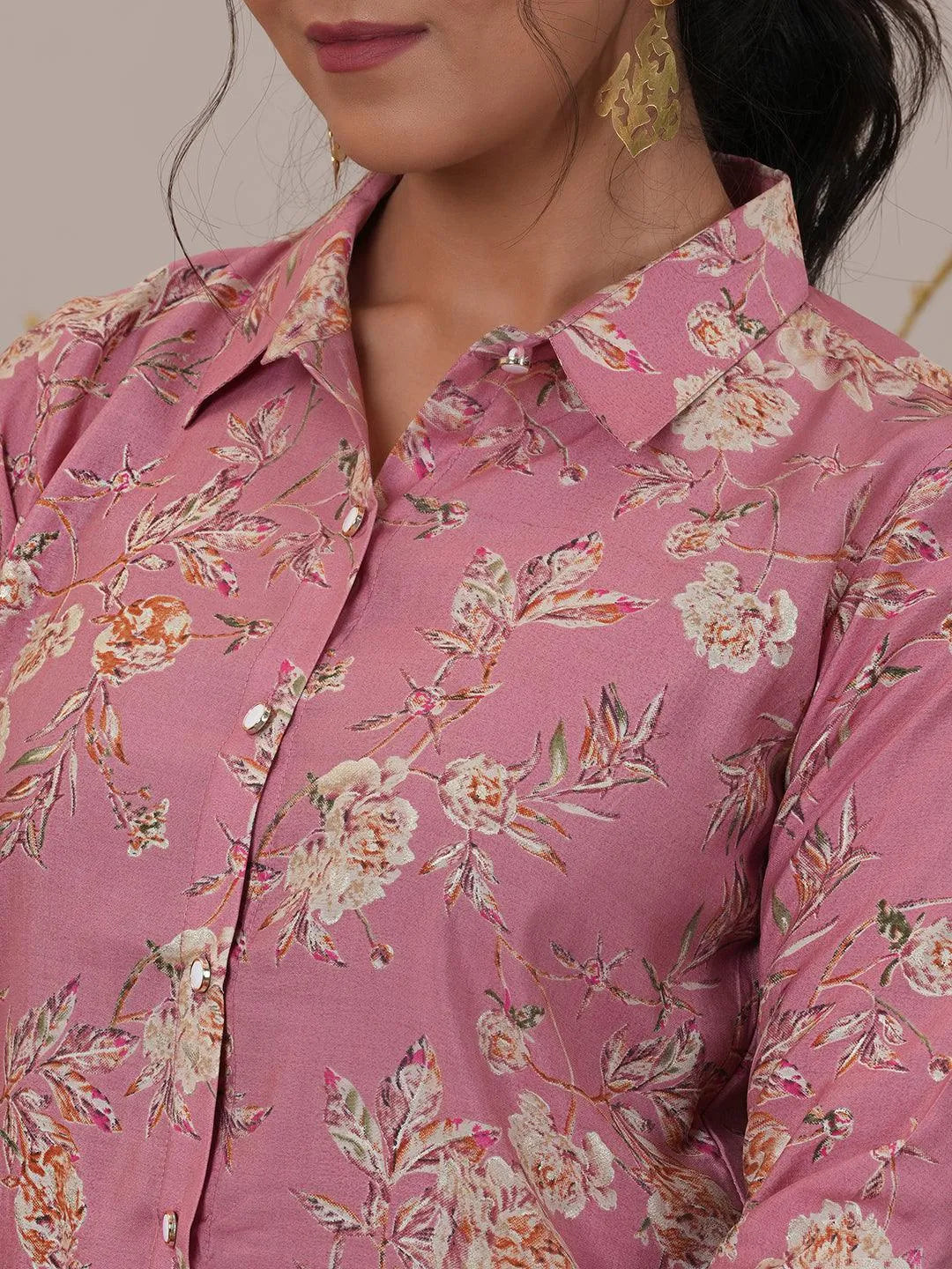 Libas Pink Printed Silk Blend A-Line Kurti