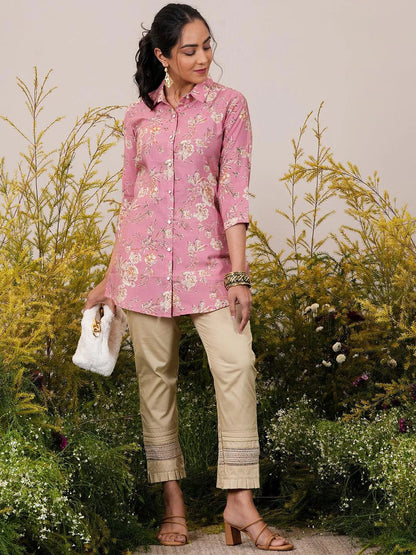 Libas Pink Printed Silk Blend A-Line Kurti