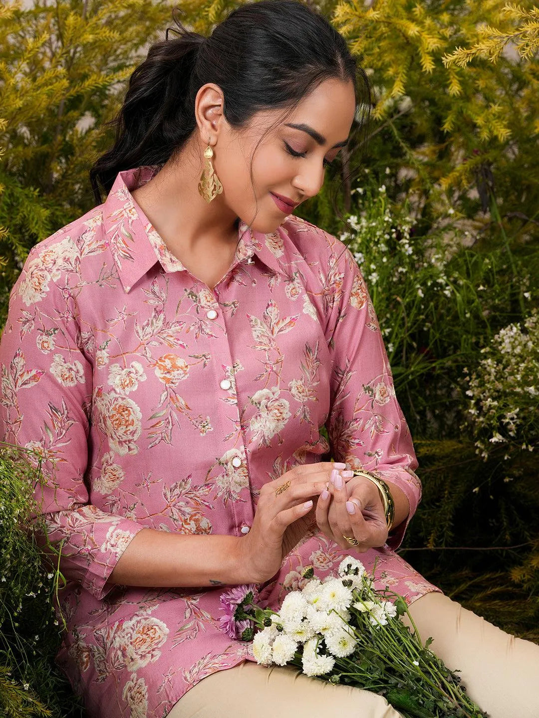 Libas Pink Printed Silk Blend A-Line Kurti