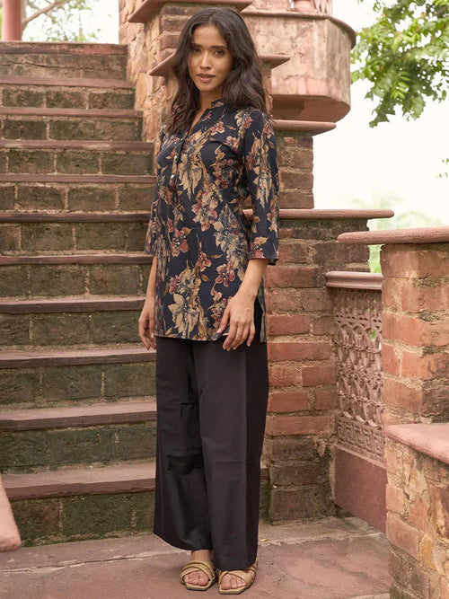 Libas Black Printed Silk Blend A-Line Kurti