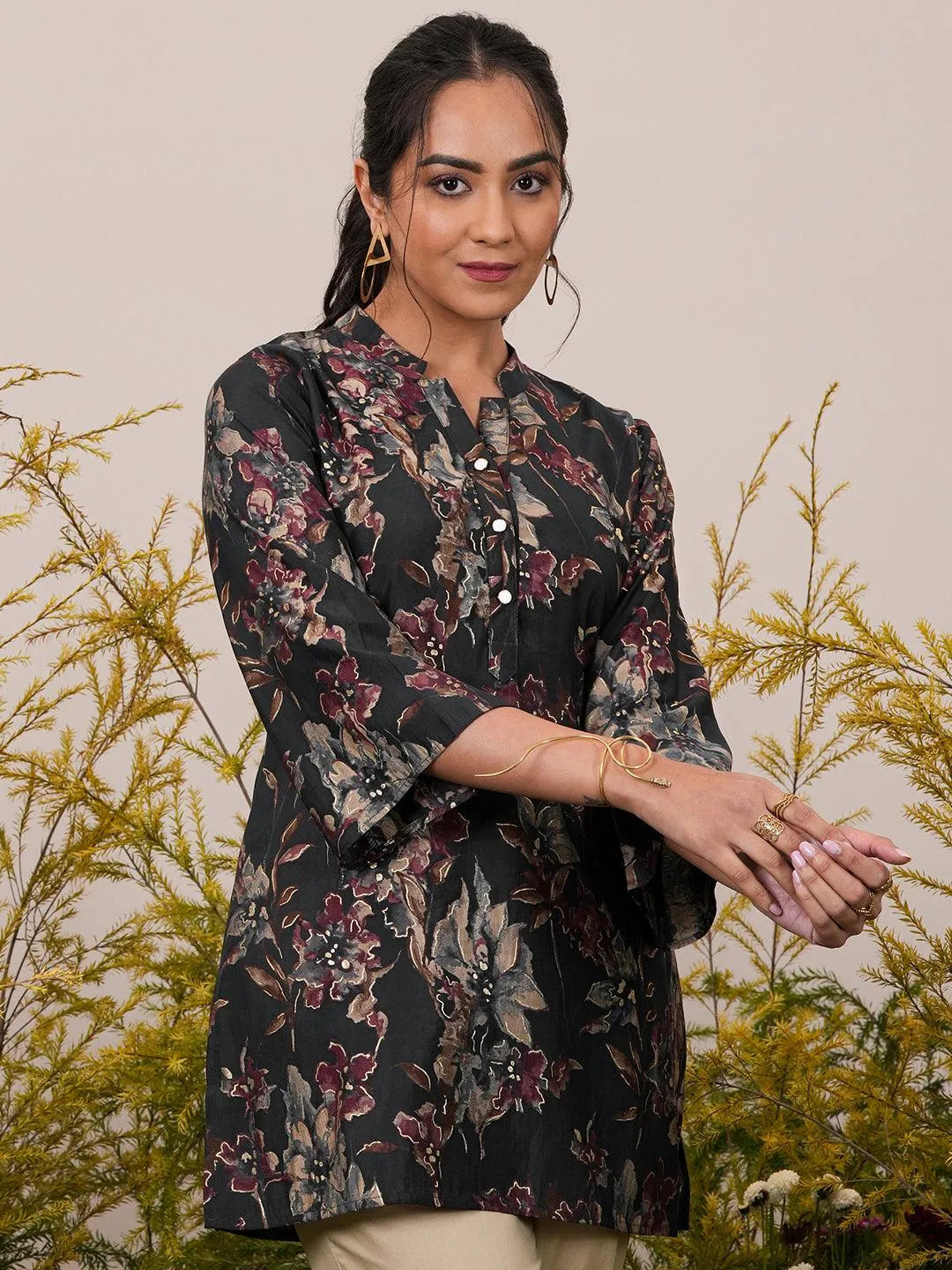 Libas Black Printed Silk Blend A-Line Kurti