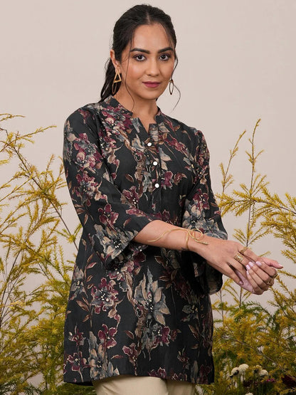 Libas Black Printed Silk Blend A-Line Kurti
