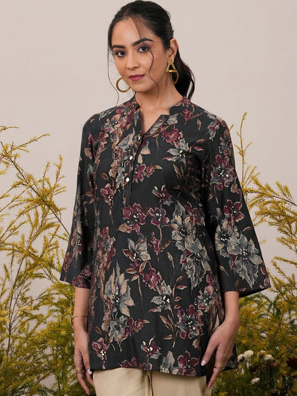 Libas Black Printed Silk Blend A-Line Kurti