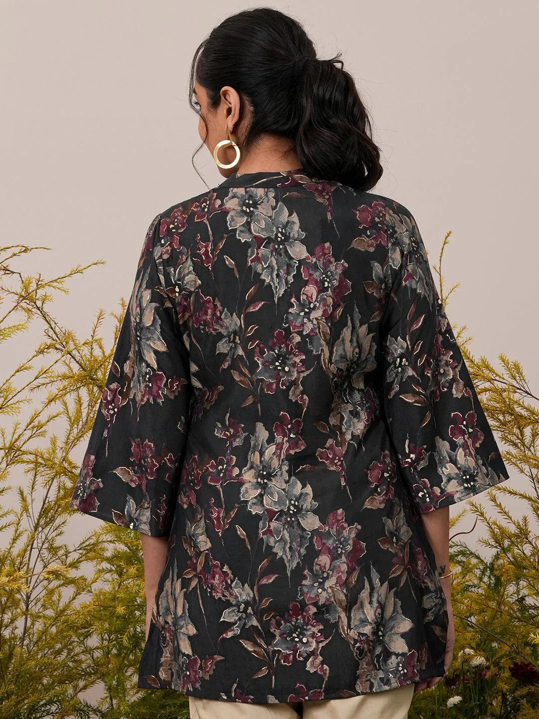 Libas Black Printed Silk Blend A-Line Kurti