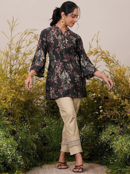 Libas Black Printed Silk Blend A-Line Kurti