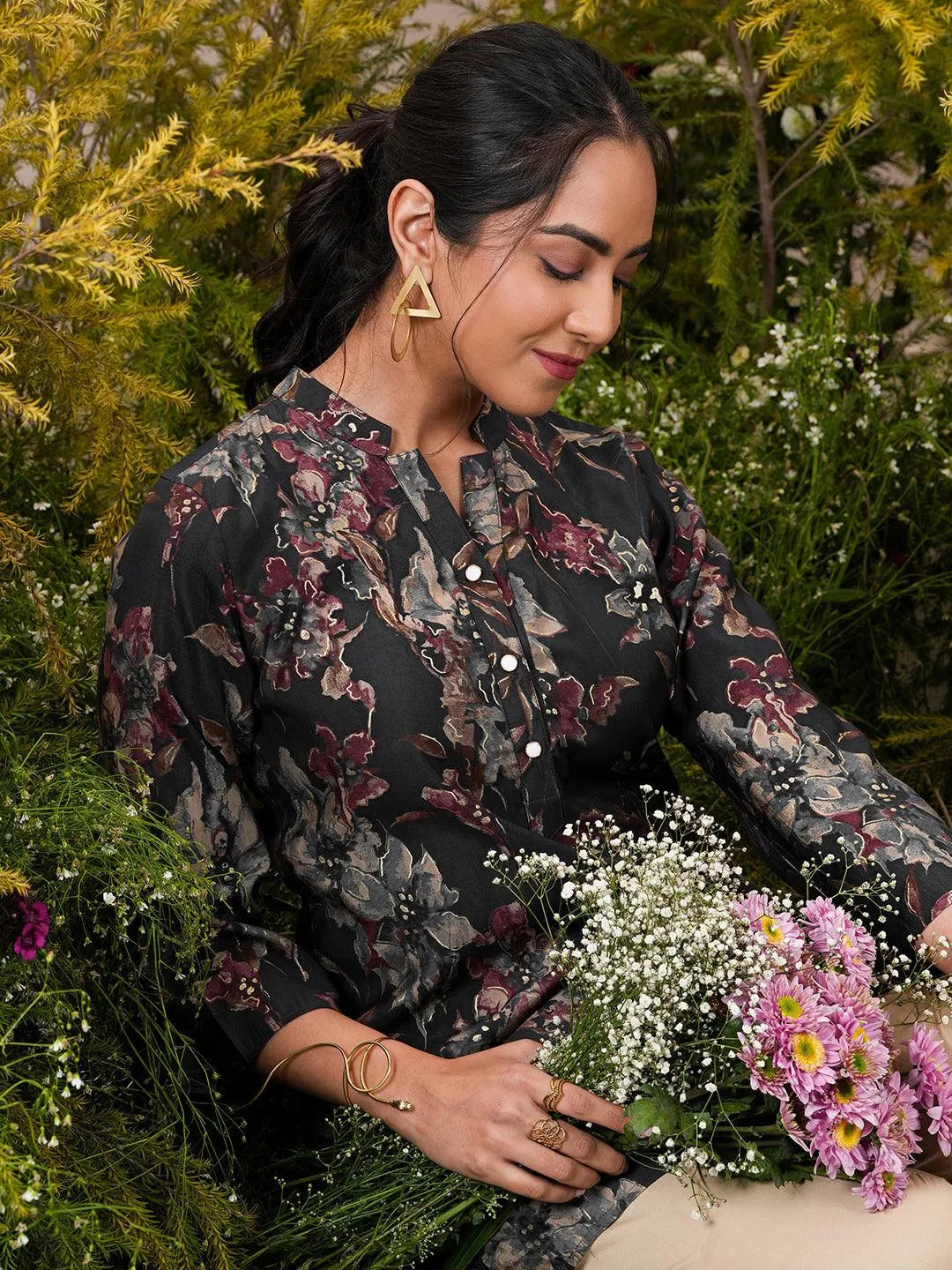 Libas Black Printed Silk Blend A-Line Kurti
