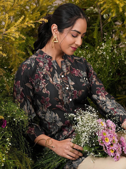 Libas Black Printed Silk Blend A-Line Kurti