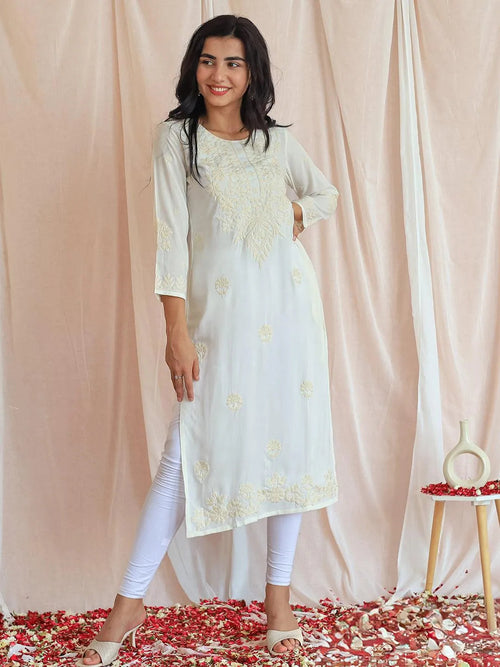 Libas Off White Embroidered Rayon Straight Kurta