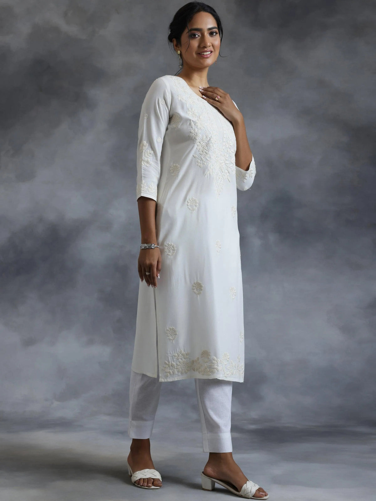 Libas Off White Embroidered Rayon Straight Kurta