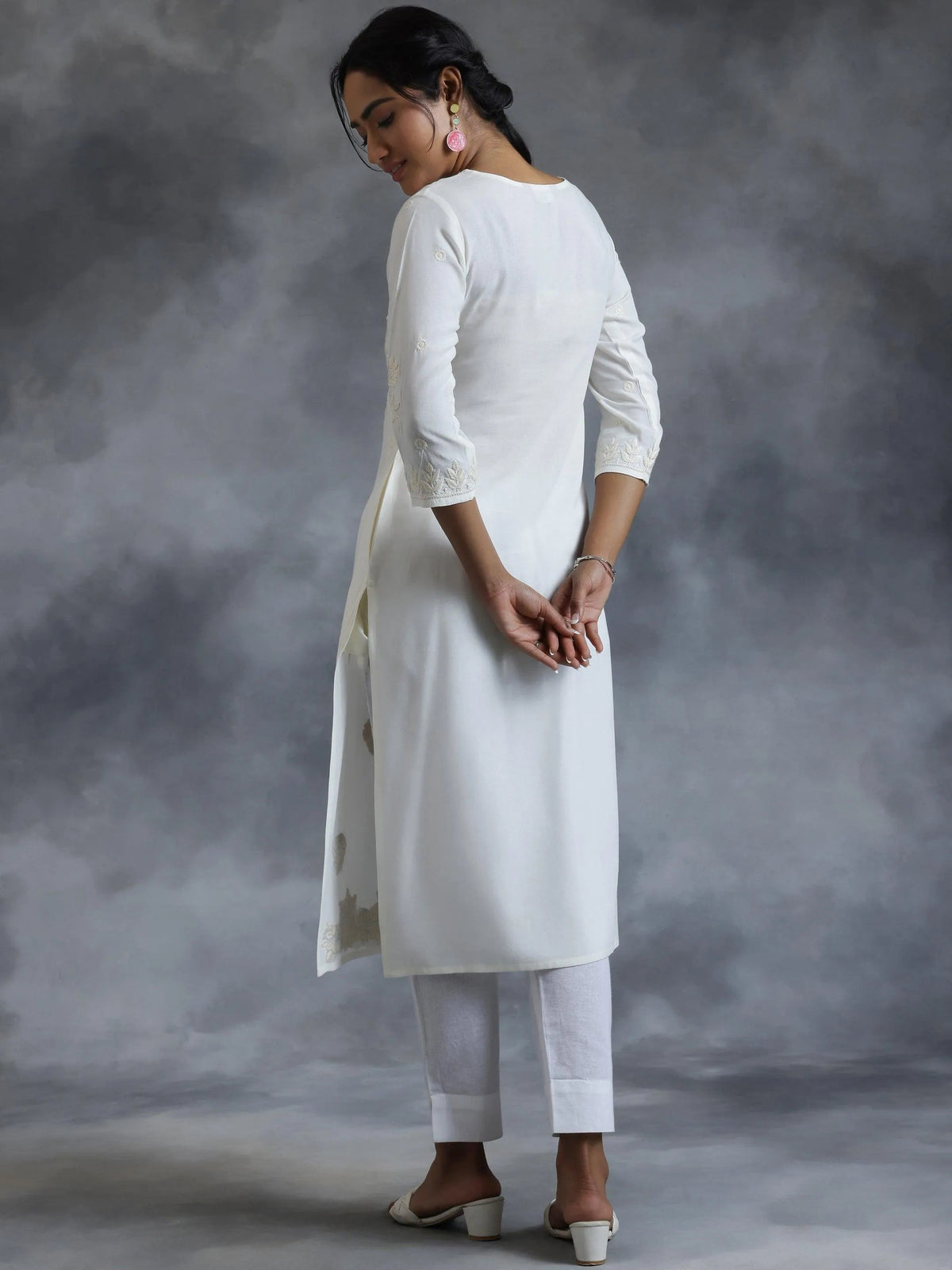 Libas Off White Embroidered Rayon Straight Kurta