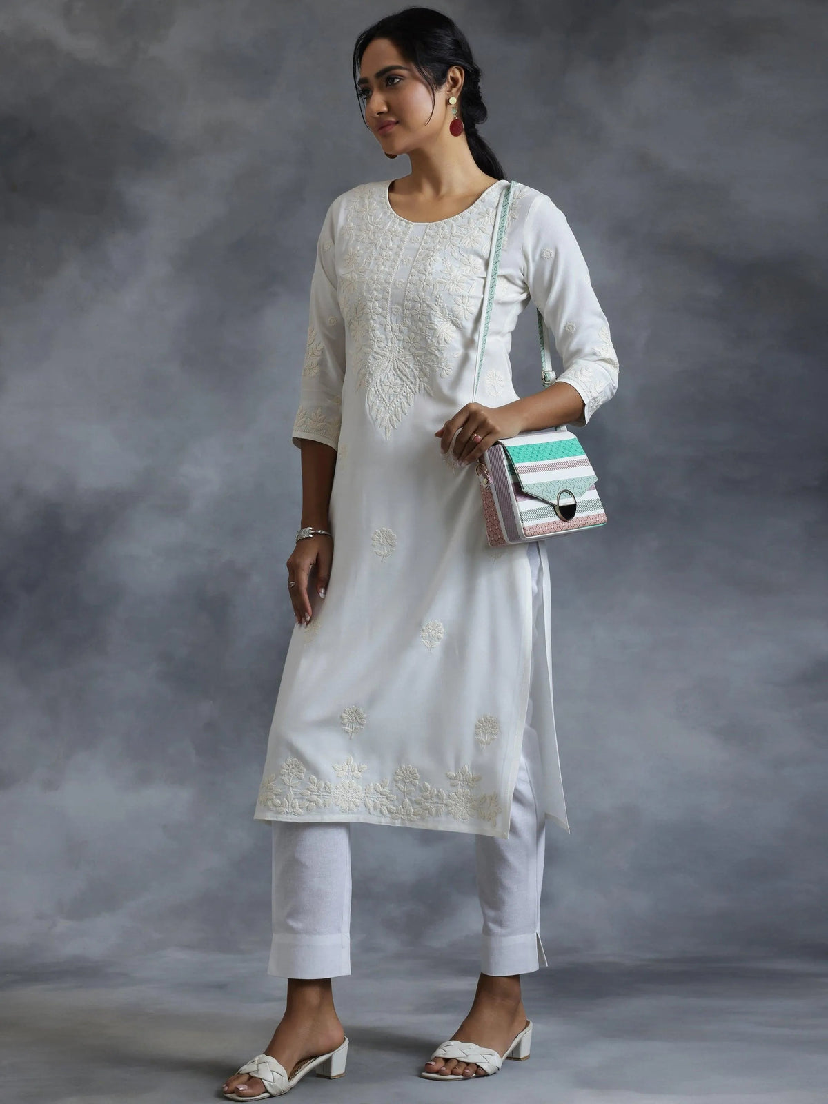 Libas Off White Embroidered Rayon Straight Kurta