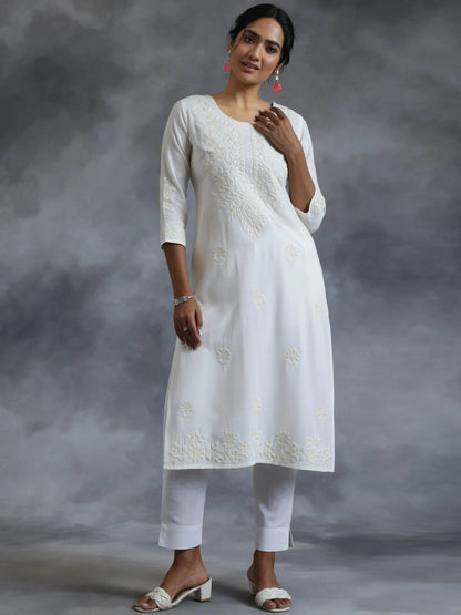 Libas Off White Embroidered Rayon Straight Kurta