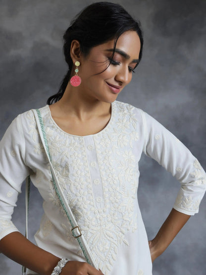 Libas Off White Embroidered Rayon Straight Kurta
