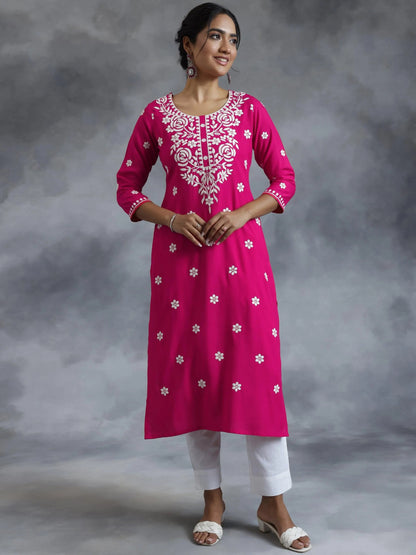 Libas Pink Embroidered Rayon Straight Kurta